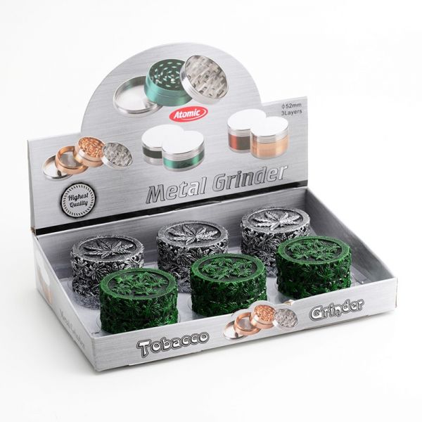 ATOMIC GRINDER WOOD TRITATABACCO IN METALLO 3 PARTI DECORATO MARIJUANA 2 COLORI