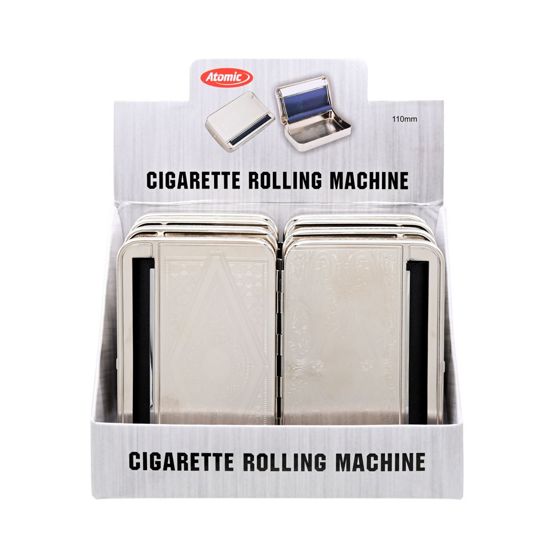 ATOMIC TABACCHIERA PORTATABACCO IN METALLO CON ROLLATORE AUTOMATICO PER CARTINE  LUNGHE ROLLING BOX KING SIZE SLIM