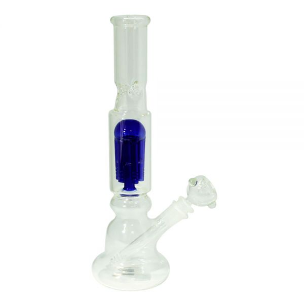 ATOMIC BONG IN VETRO CON PERCOLATORE E PARASCHIZZI TRASPARENTE E BLU - ALTEZZA 30 cm