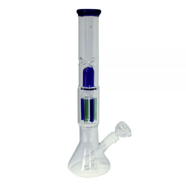 CONEY BONG IN VETRO CON PERCOLATORE E PARASCHIZZI TRASPARENTE BLU E VERDE - ALTEZZA 38 cm