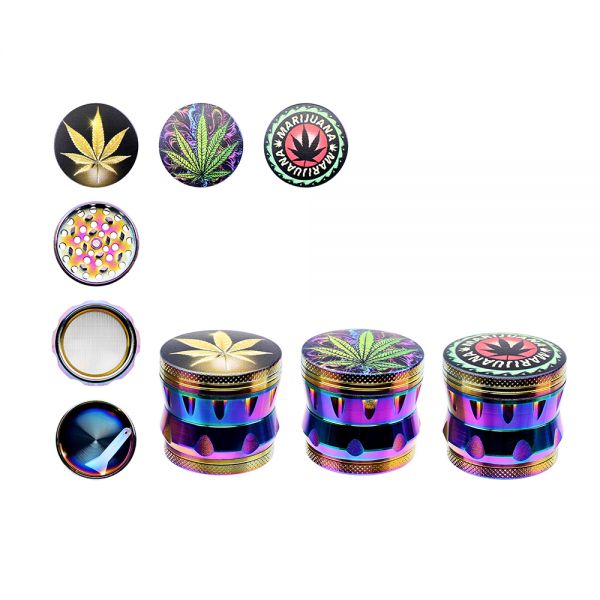 Atomic Grinder Tritatabacco in Metallo Ø 43mm 4 Parts Black with 3D-Rainbow Leaf Designs -1 Pezzo