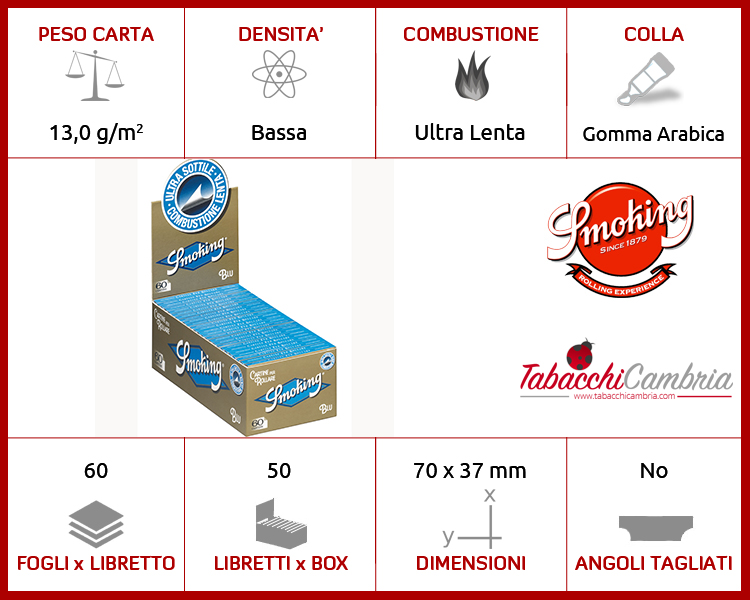 Cartine Smoking Blu CORTE Ultra Sottili1 box 50 Libretti  ACCENDINO omaggio 
